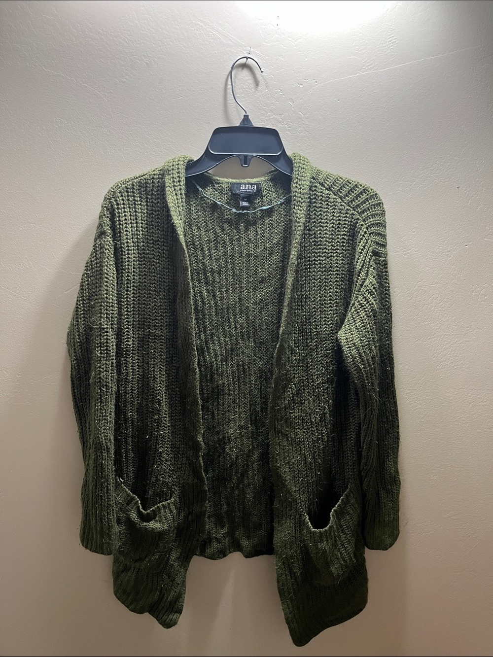 a.n.a Olive Green Open-Front Knit Cardigan with Pockets